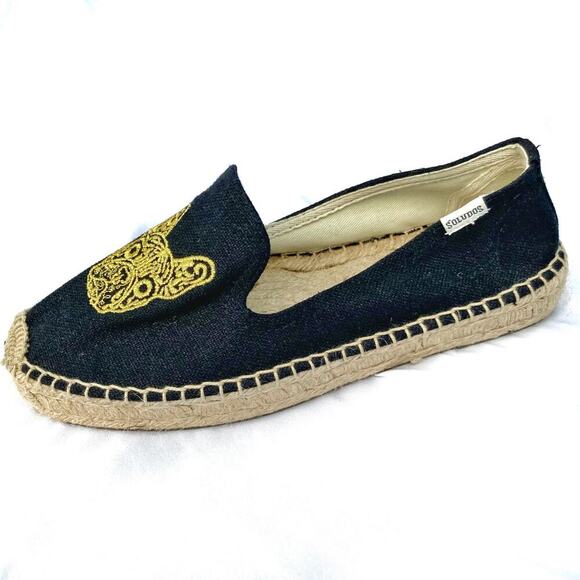 Soludos French Bulldog Embroidered Espadrilles Black Canvas Flats  Summer Vacay - Picture 14 of 16